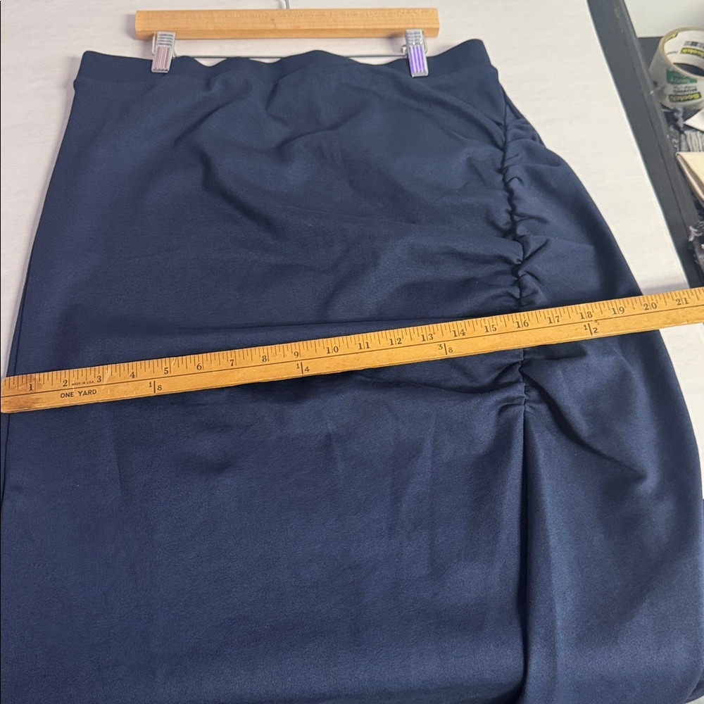 The Drop Navy Blue Ruched Asymmetrical Midi Skirt Women’s Size L - Picture 8 of 9